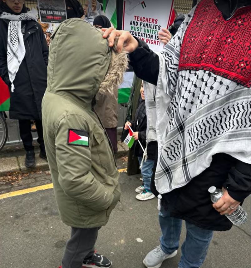 A Palestinian flag on a student’s coat at Barclay Primary School in Leyton