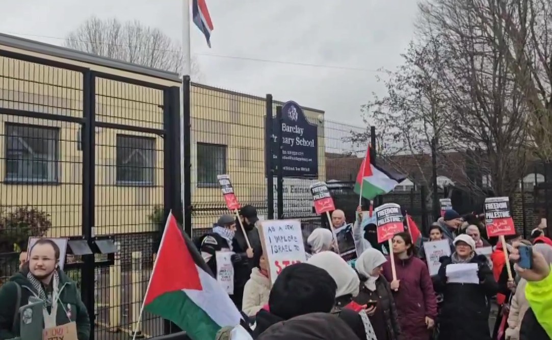 Protesters outside Barclay Primary School